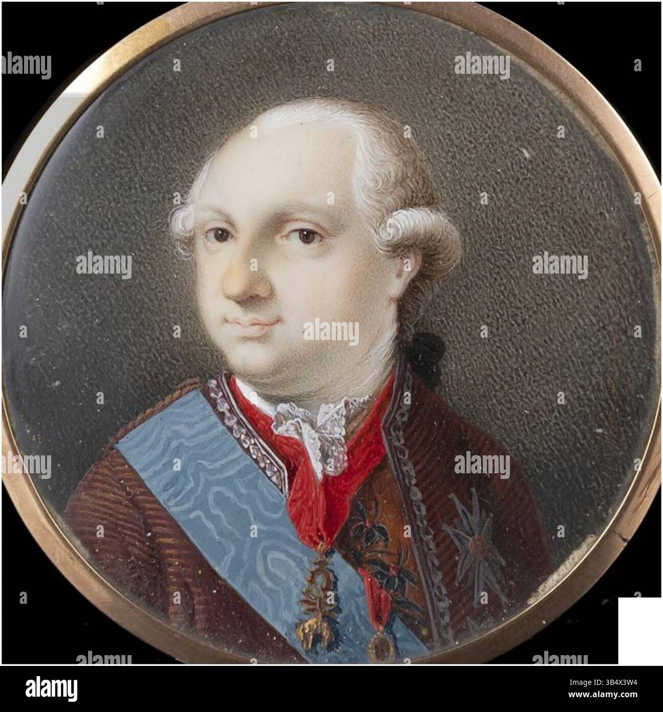 This miniature portrait, attributed to the circle of Giuseppe Baldrighi, depicts Ferdinand of Bourbon, Duke of Parma. The piece captures the Duke’s likeness in the 18th-century style, executed on ivory. Stock Photo