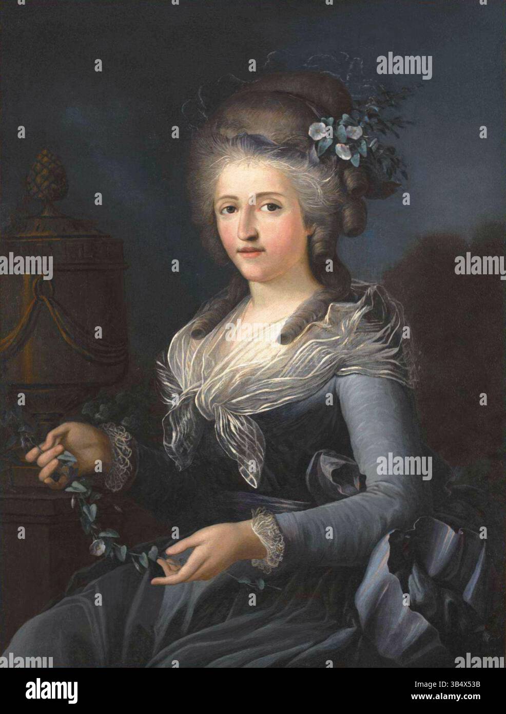A portrait from the Piedmontese school, depicting a seated lady dressed in black with flowers in her hair, painted between 1775 and 1790. This work may represent Marie Clotilde of France, Queen of Sardinia. Stock Photo