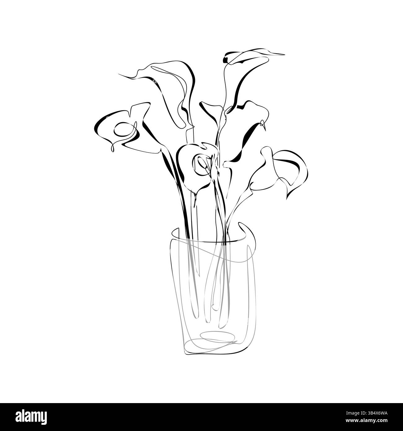 One line calla lily lfowers in a glass vase. Trendy botanical elements. Hand drawn line leaves branches and blooming. Wedding elegant wildflowers for Stock Vector