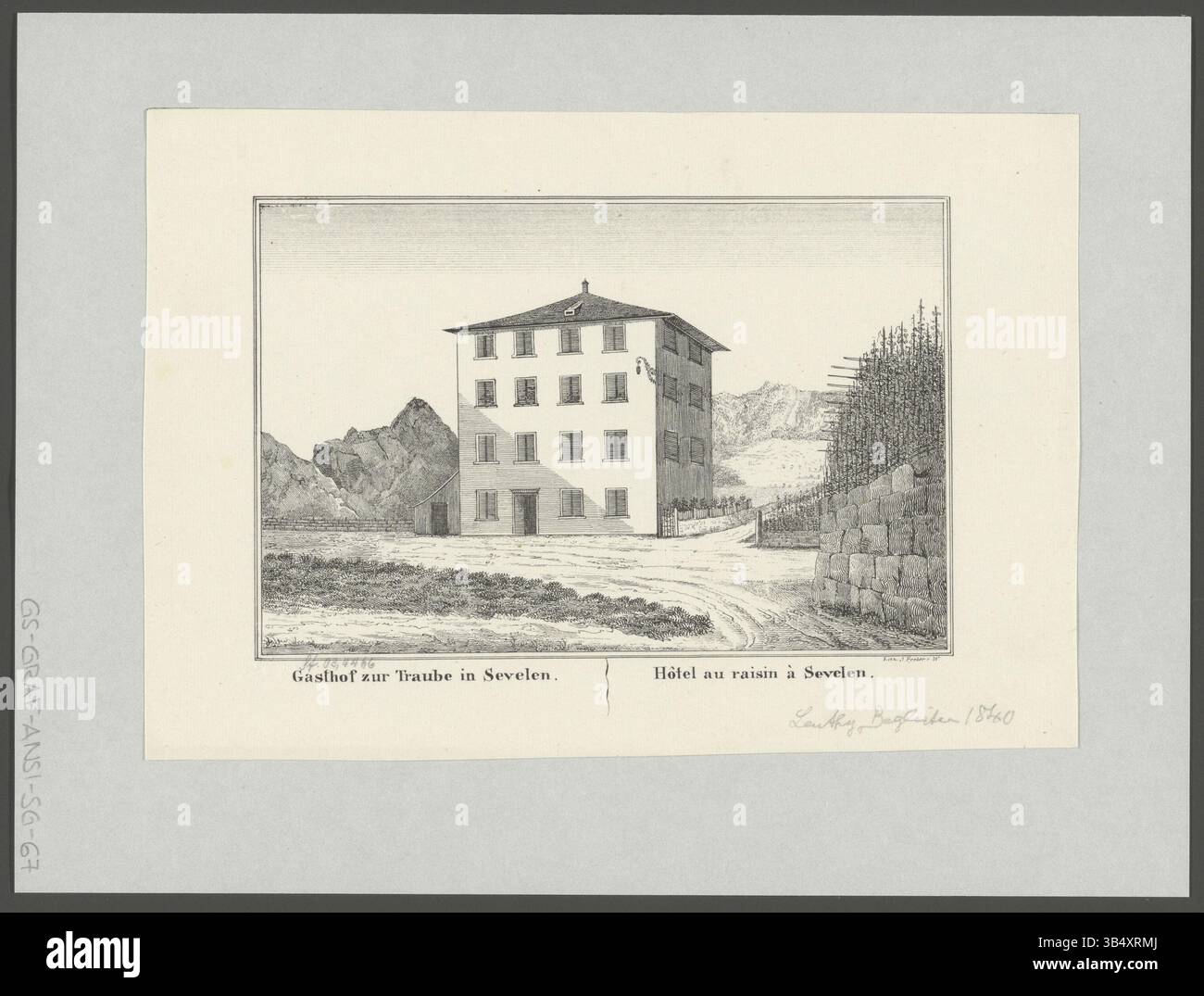 Lithograph by J. Ferber showing the Gasthof zur Traube in Sevelen, a hotel in the Canton of St. Gallen. Part of a series from Johann Jakob Leuthy’s travel writings, the print illustrates the inn as it appeared in the 1840s. Stock Photo