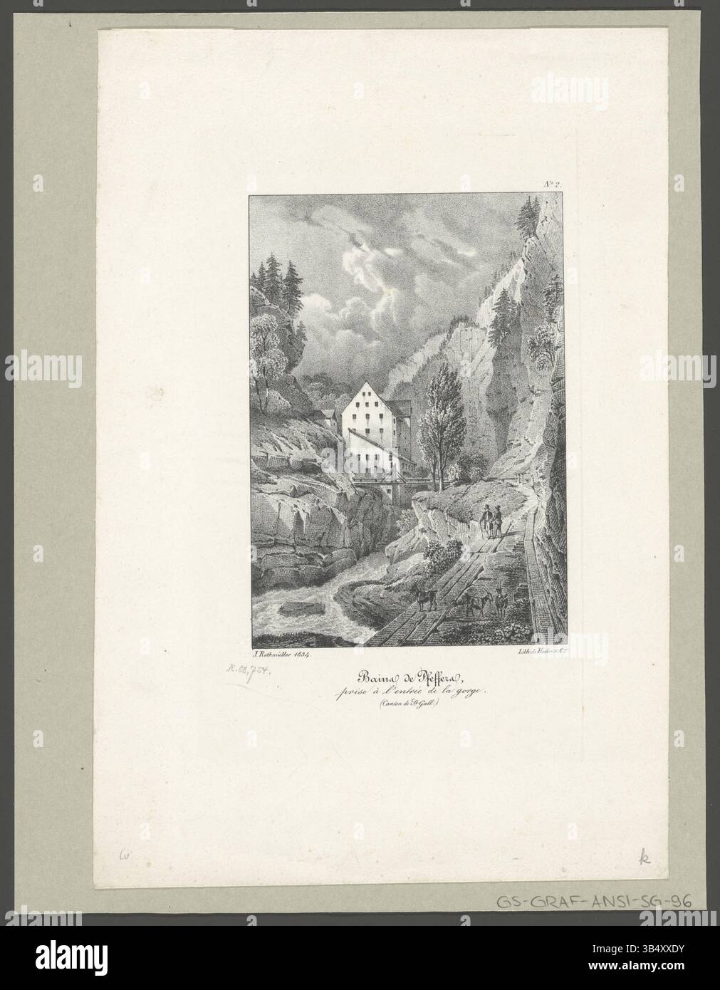 This lithograph from the 19th century depicts Bains de Pfeffers ...