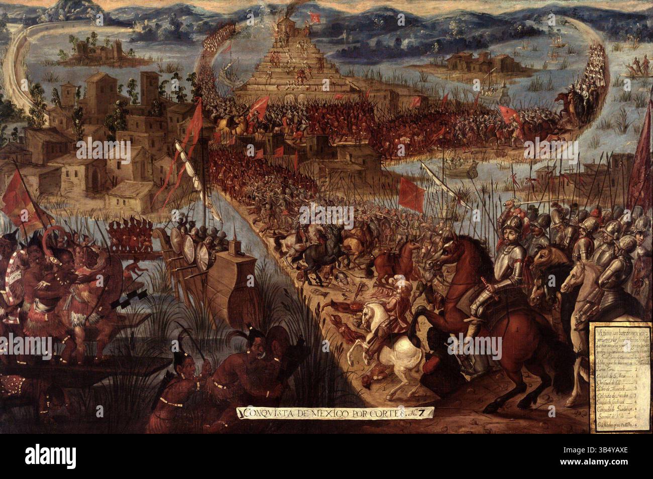 The painting 'Conquista de México por Cortés' from the second half of the 17th century depicts Hernán Cortés and the Spanish conquest of the Aztec Empire. It illustrates the fall of Tenochtitlan in 1521, marking a pivotal moment in history. This oil on canvas artwork is part of a series on the Conquest of Mexico. Stock Photo