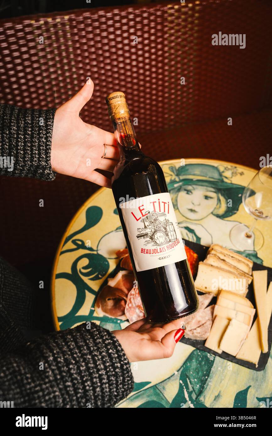 Le Titi Beaujolais Nouveau Gamay – Wine Bottle & Gourmet Food Pairing Stock Photo