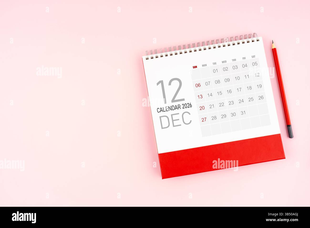Top view December 2026 desk calendar and red pencil, Position with copy ...