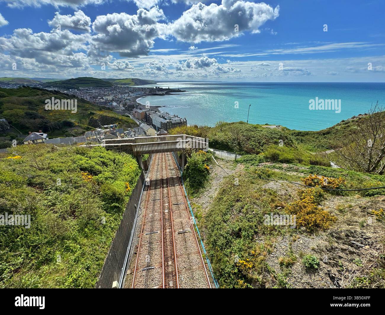 View over Aberystwyth and the Funicular cliff railway looking south from Constitution Hill. - Smartphone Captured Stock Image