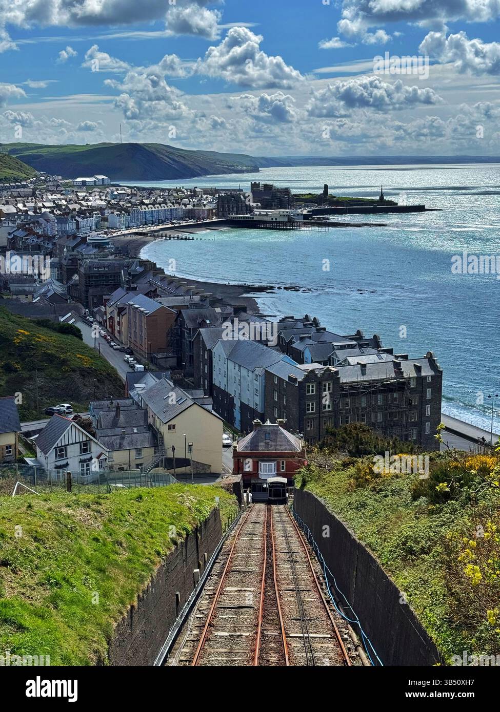 View over Aberystwyth and the Funicular cliff railway looking south from Constitution Hill. - Smartphone Captured Stock Image