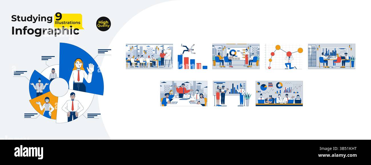 Corporate studying infographics cartoon flat illustrations mega bundle Stock Vector