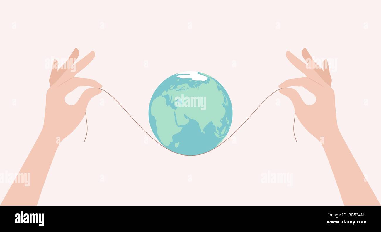 Two hands holding thread with Earth globe on it. Flat vector ...