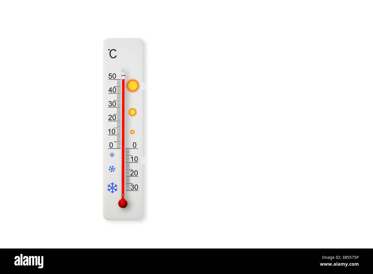 White celsius scale thermometer isolated on white background. Ambient temperature plus 50 degrees celsius Stock Photo