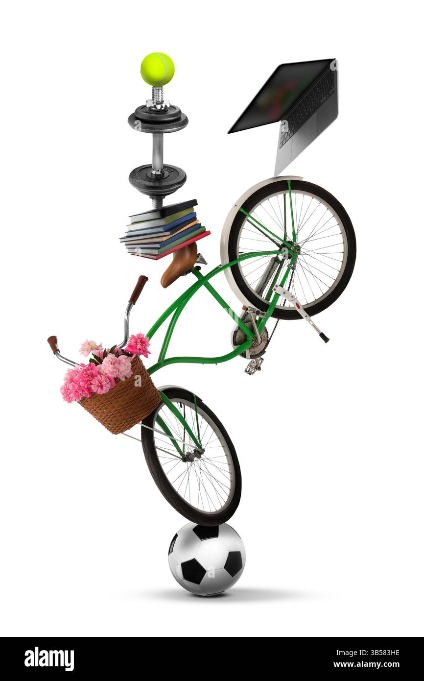 Work-life balance. Tower of laptop, dumbbell, tennis ball, books ...