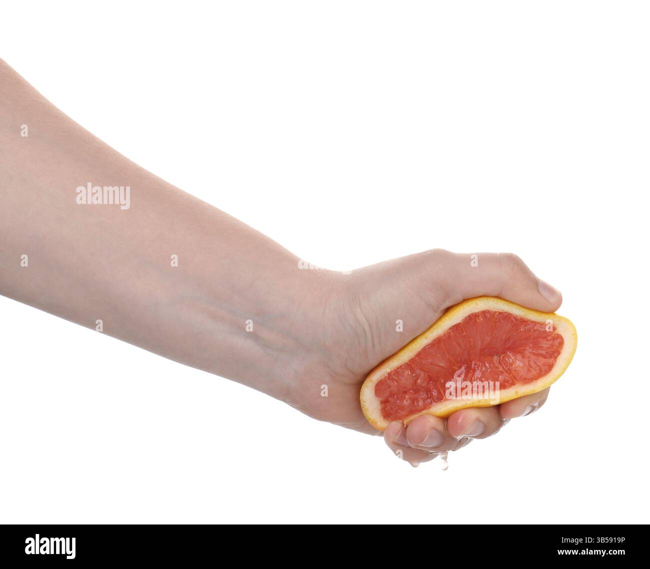 Woman squeezing grapefruit on white background, closeup Stock Photo