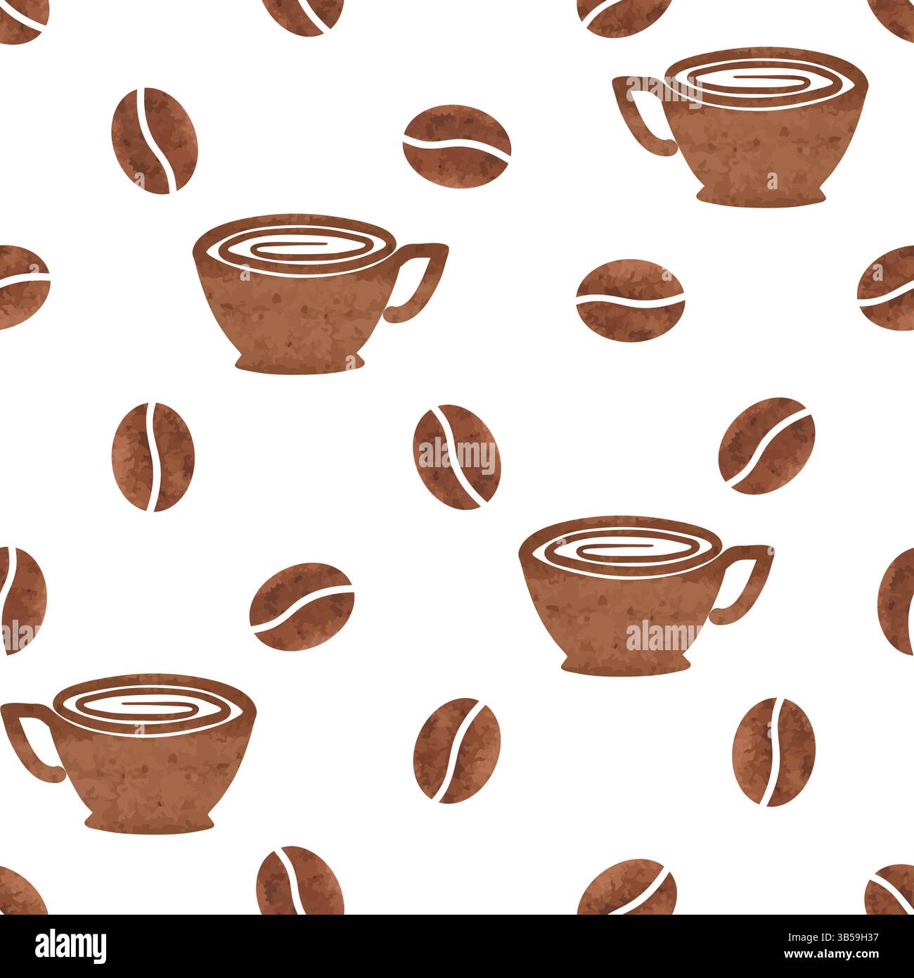 Seamless coffee beans and cups pattern. Vector watercolor coffee background Stock Vector
