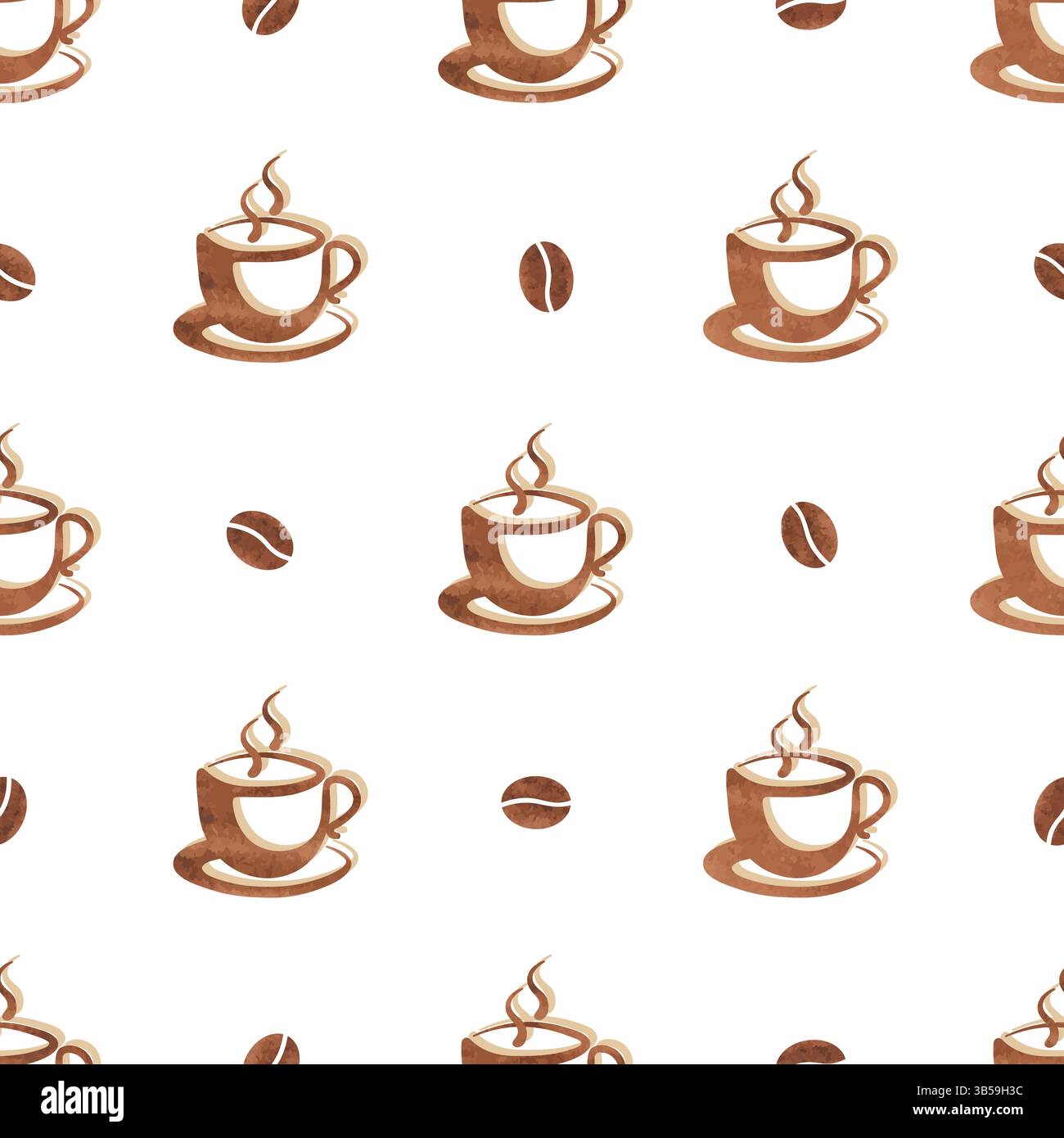 Coffee beans and cups seamless pattern. Vector watercolor coffee background Stock Vector