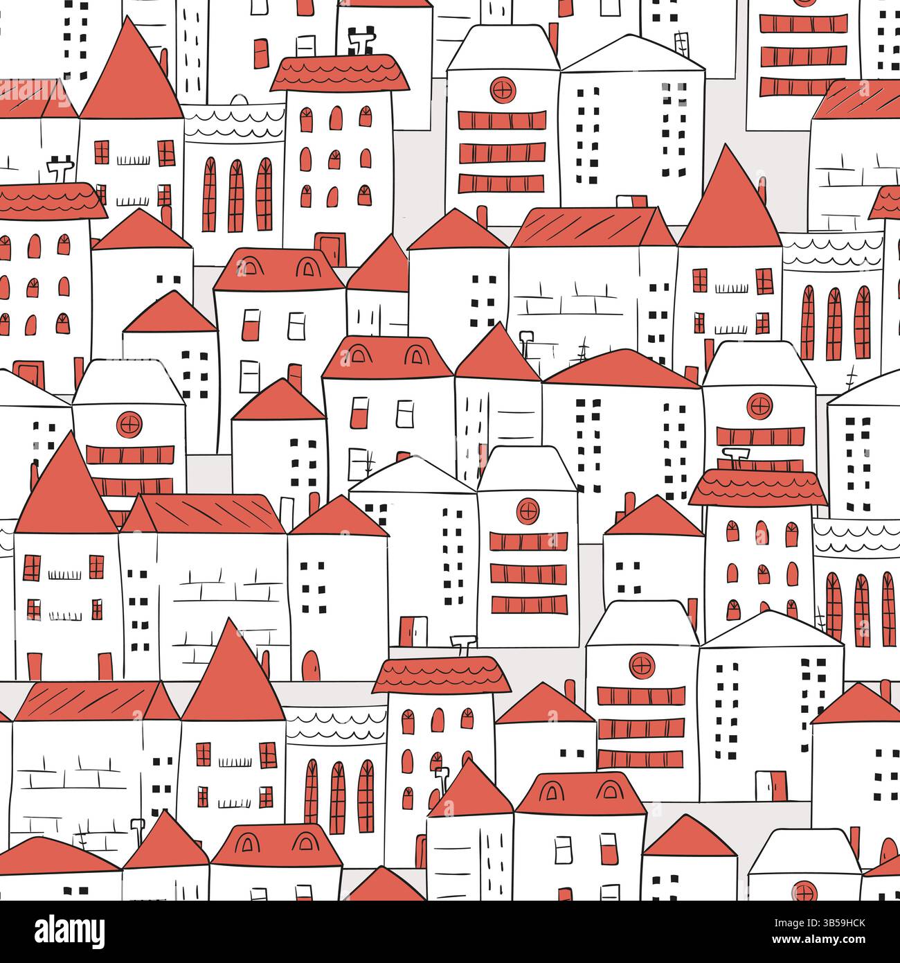 Cityscape pattern. Doodle town seamless background. Vector cartoon illustration with houses Stock Vector