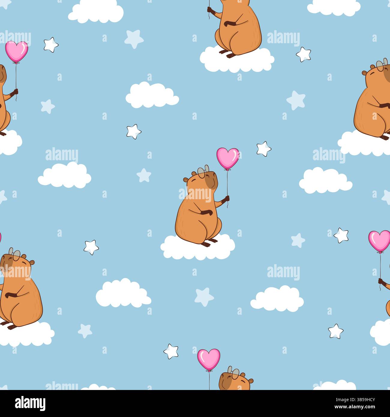 Cute capybaras and clouds seamless pattern. Vector baby print Stock Vector