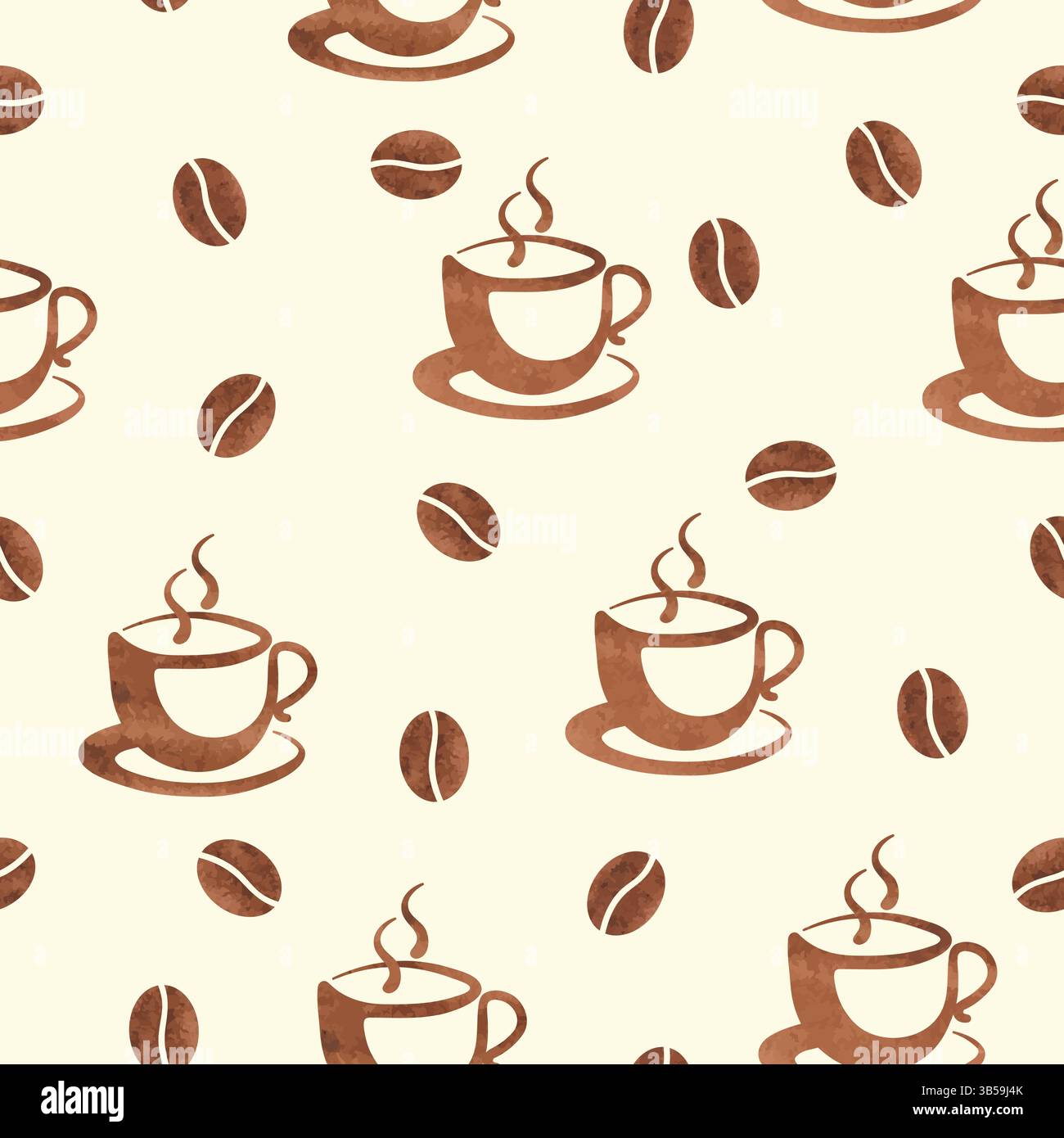 Coffee seamless pattern with beans and cups. Vector watercolor coffee background Stock Vector
