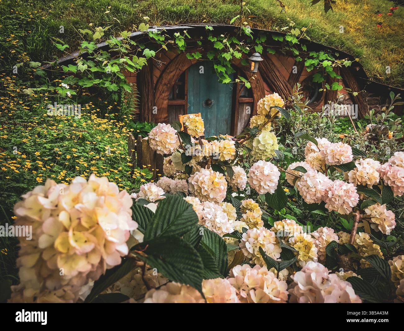 Hobbiton tour of the genuine film location and sets for the Lord of The Rings films in New Zealand Aotearoa Stock Photo