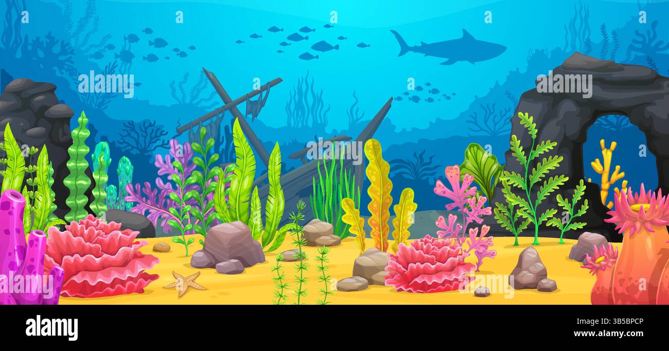 Underwater sea landscape with sunken ship and rock reef arch, vector ...