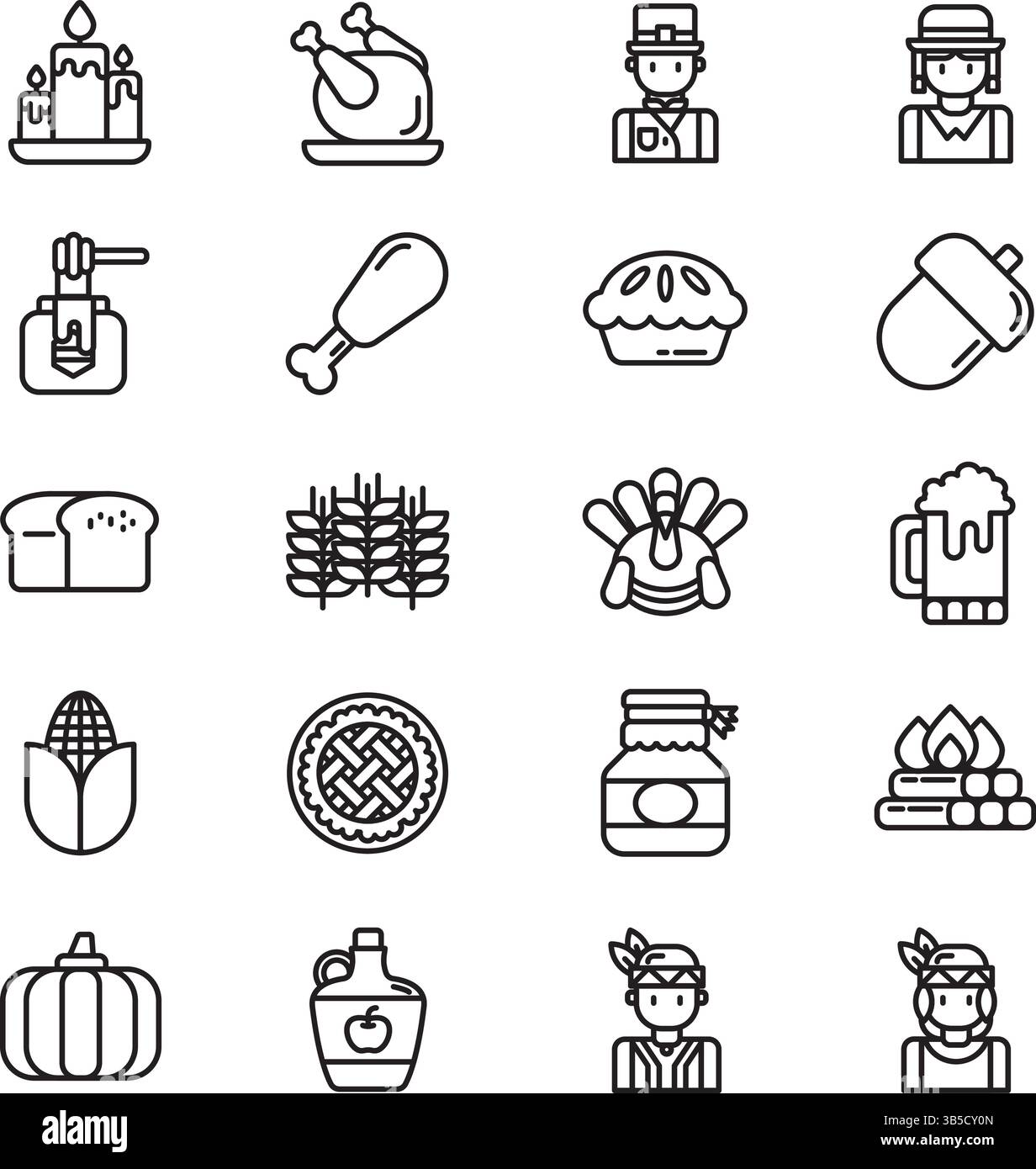 Thanksgiving Icons Set – Harvest, Feast, Fall, and Holiday Symbol Collection Stock Vector