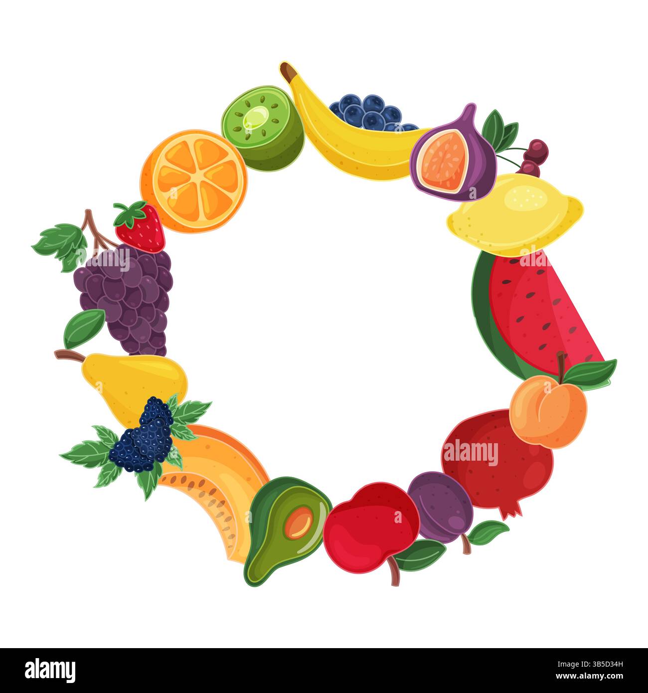 Fruit wreath with various tropical fruits isolated on white background Stock Vector