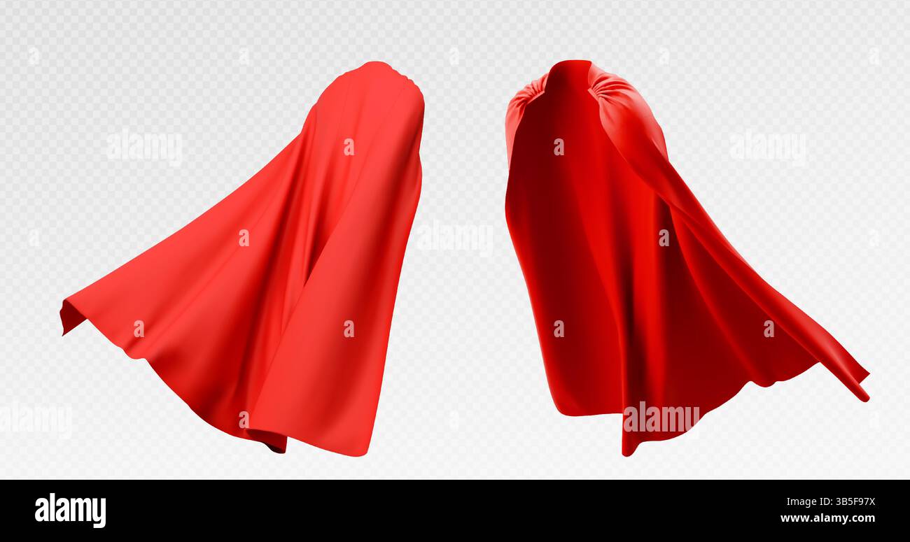 Red super hero cape mockup set front rear view. Vivid scarlet cloak ...