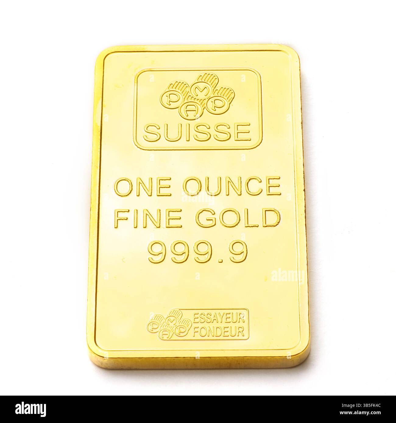 1 oz Lady Fortuna minted gold bar  by MKS PAMP, isolated on a white studio background. Stock Photo