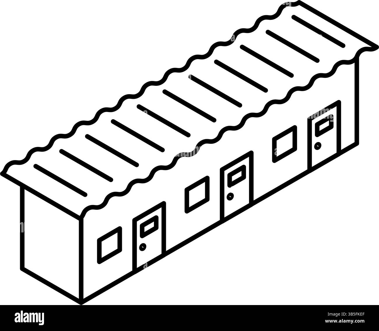 Isometric illustration of a simple line drawing of a prefabricated shed for temporary housing, changing rooms, etc, Vector Illustration Stock Vector