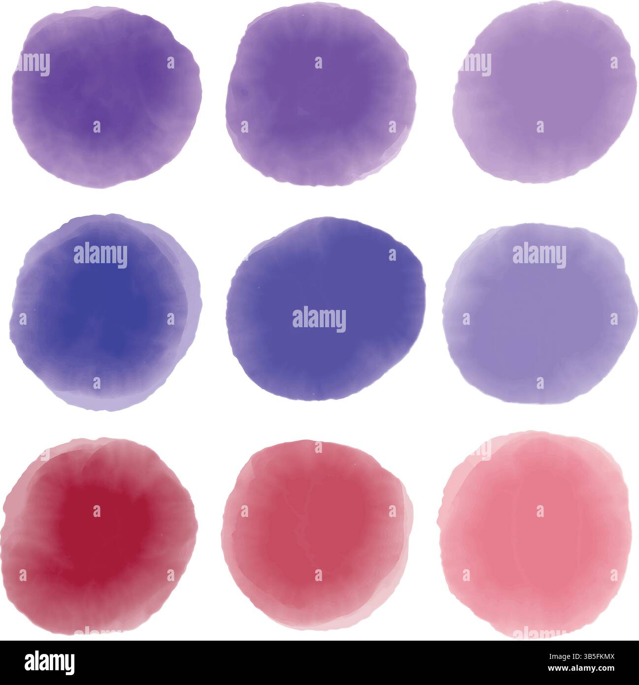 Nine Vibrant Watercolor Vector Circles in Red and Purple Hues Stock Vector