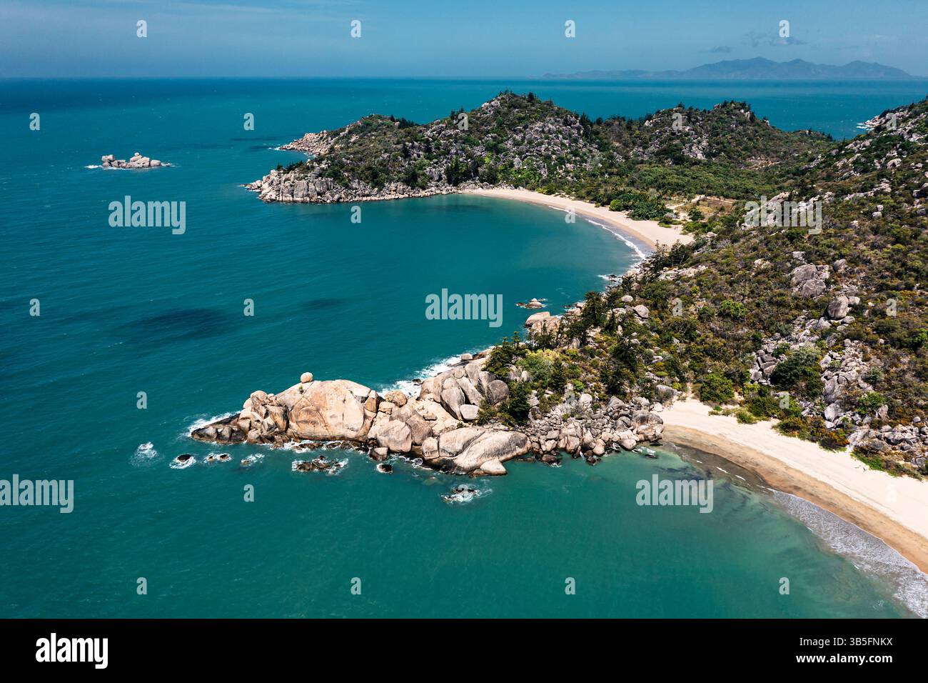 Aerial shot of Balding Bay and Radical Bay on Queensland's Magnetic Island. Stock Photo