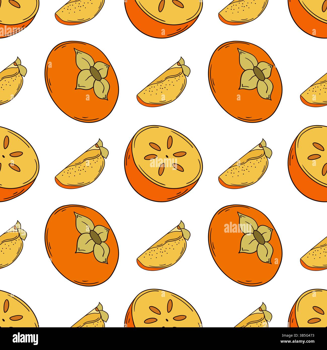 Pattern for textile or kitchen. Persimmon. Seamless fruit pattern in hand draw style. Print for design, textile Stock Vector