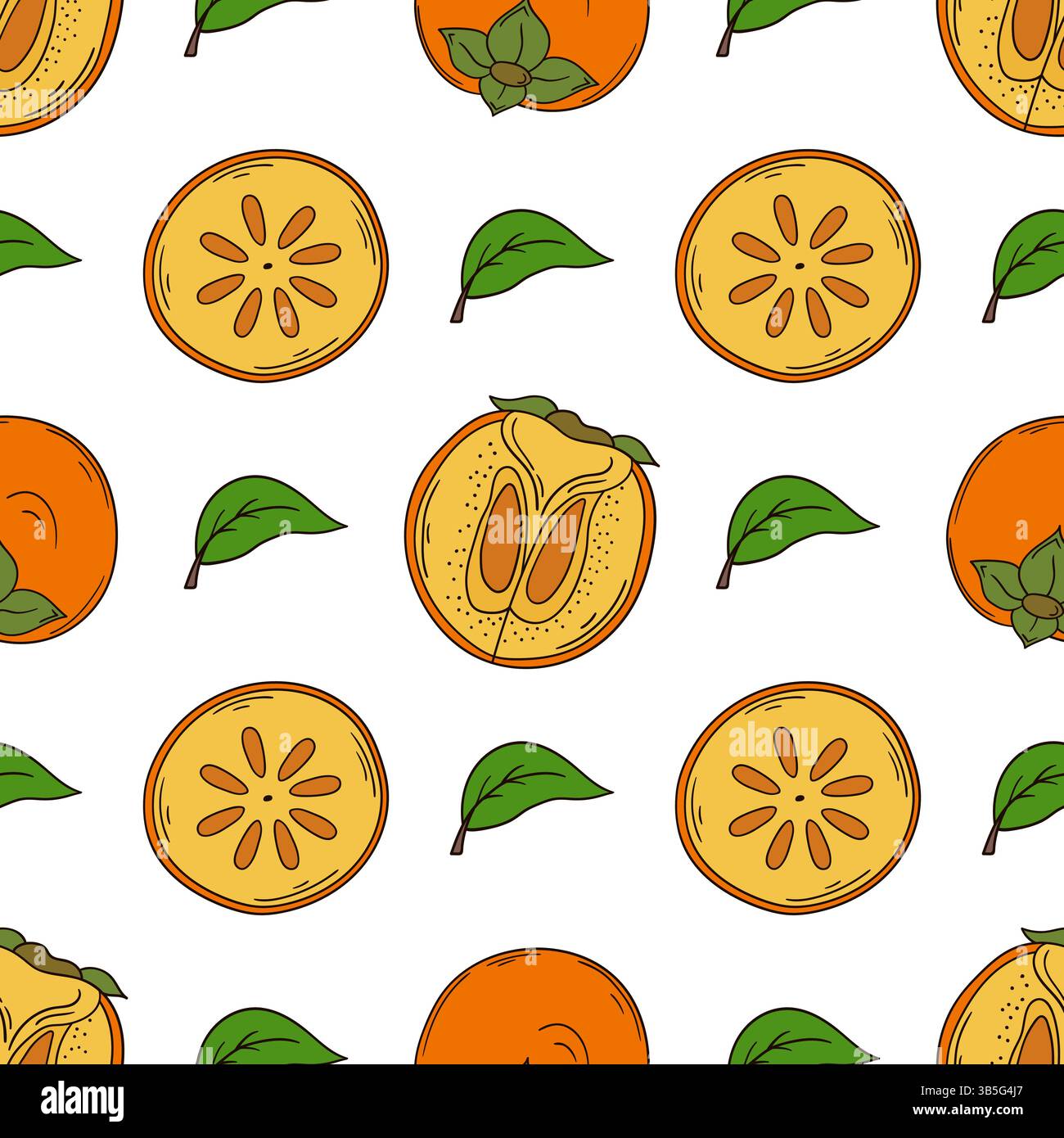 Persimmon. Pattern for textile or kitchen in hand draw style. Seamless fruit pattern. Print Stock Vector
