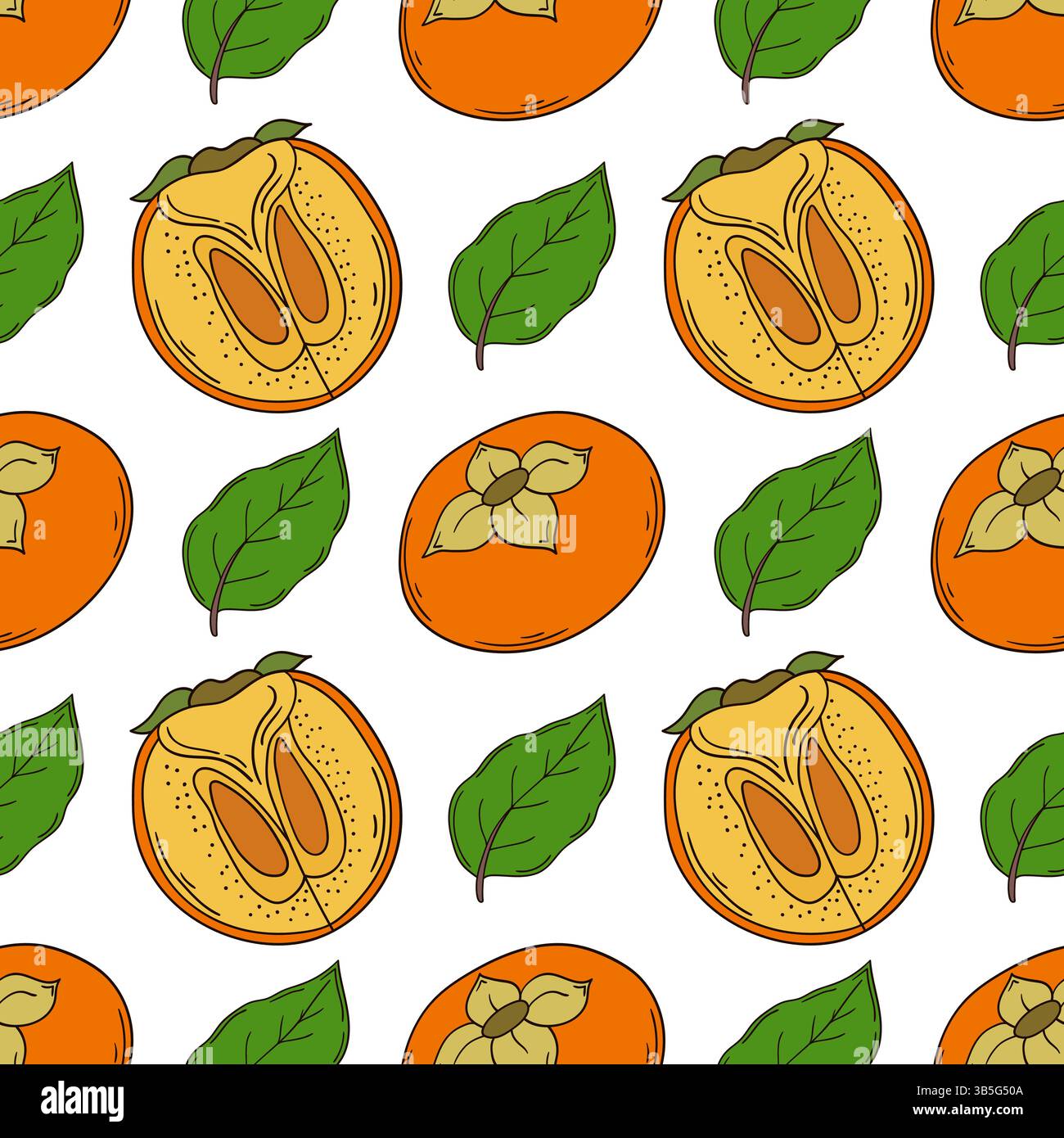 Persimmon. Pattern for textile or kitchen. Seamless fruit pattern in hand draw style. Print for textile Stock Vector