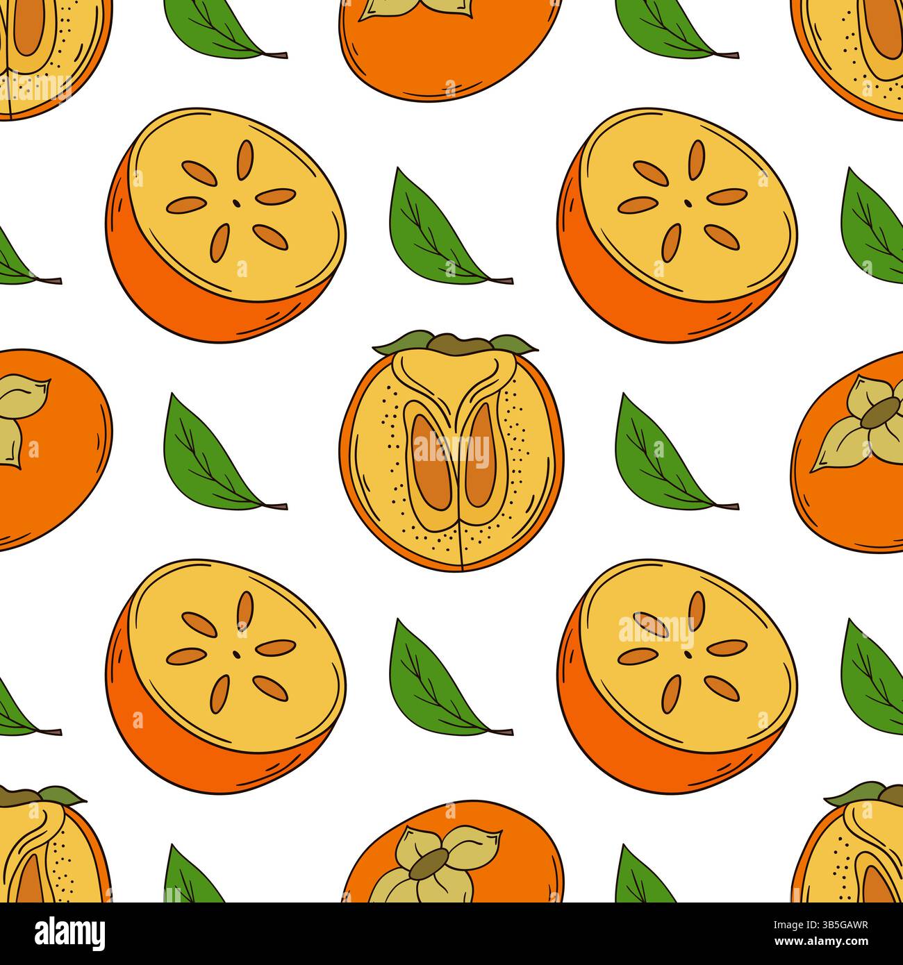 Persimmon. Pattern for textile or kitchen. Seamless fruit pattern in hand draw style. Print for design, textile Stock Vector