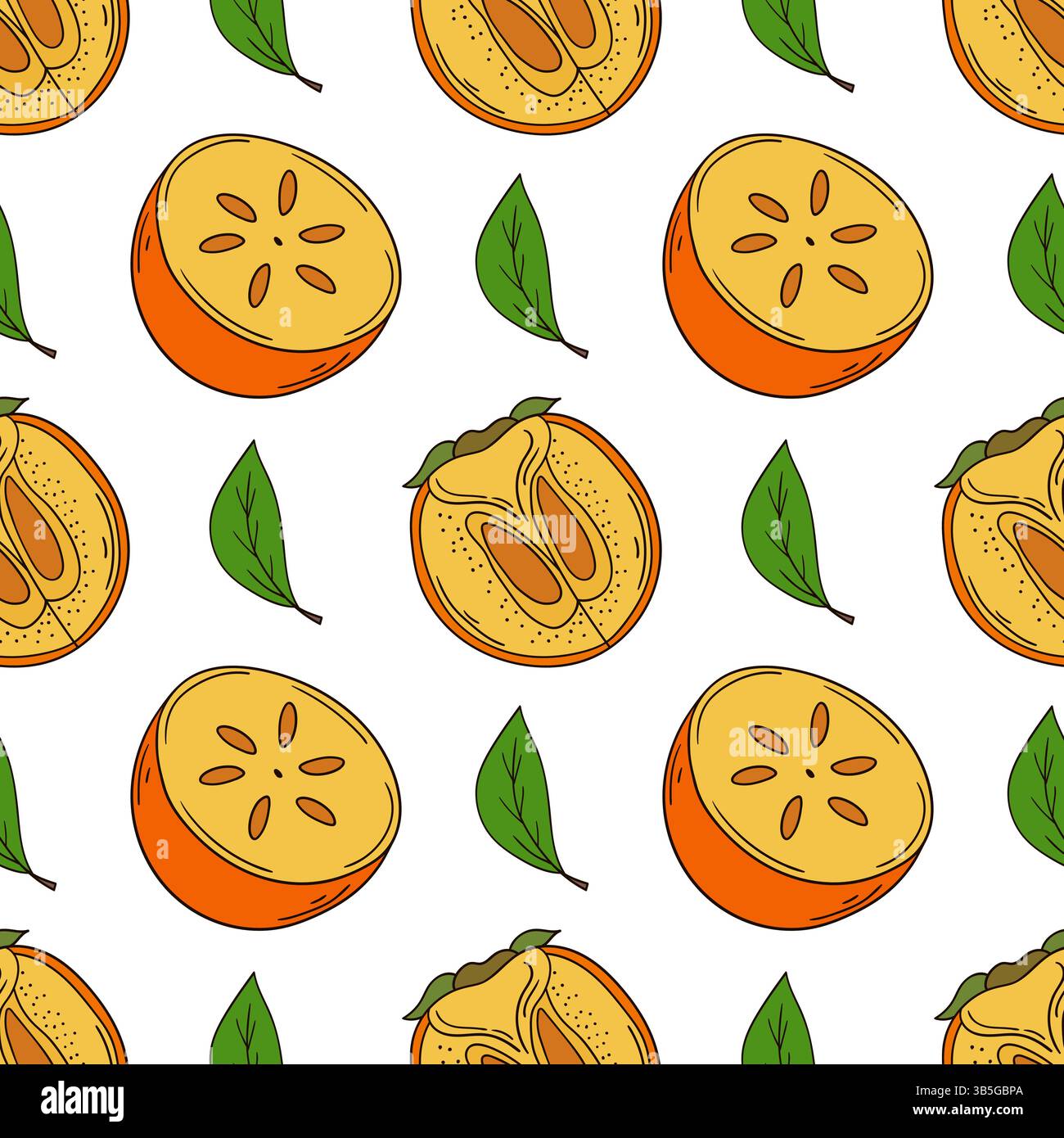 Pattern for textile or kitchen in hand draw style. Persimmon. Seamless fruit pattern. Print for design Stock Vector