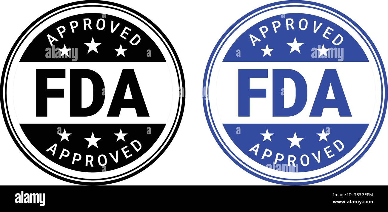 Circular black and blue FDA approved rubber stamp badges with stars ...
