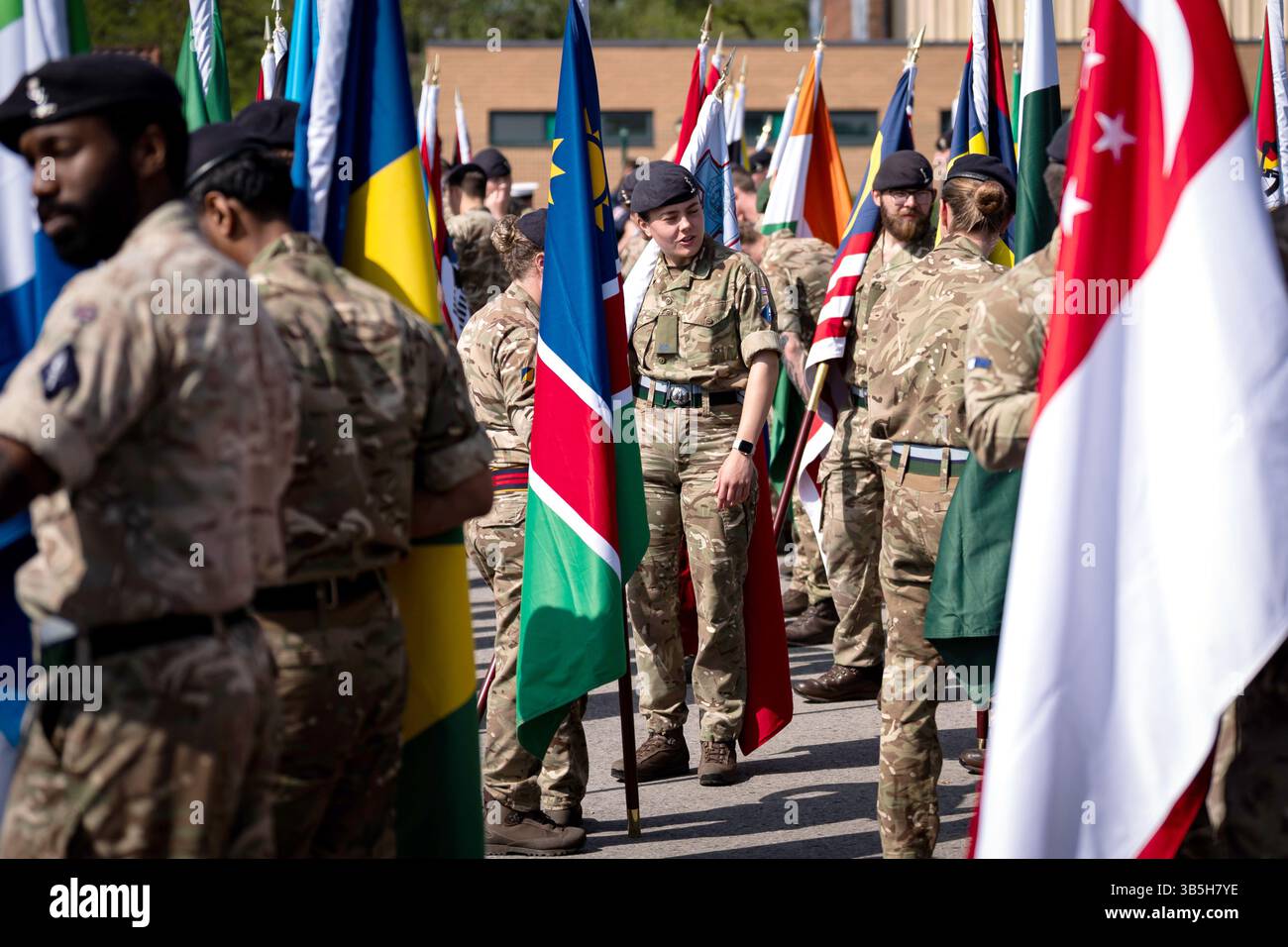 Members of the Armed Forces carry flags as they take part in a ...