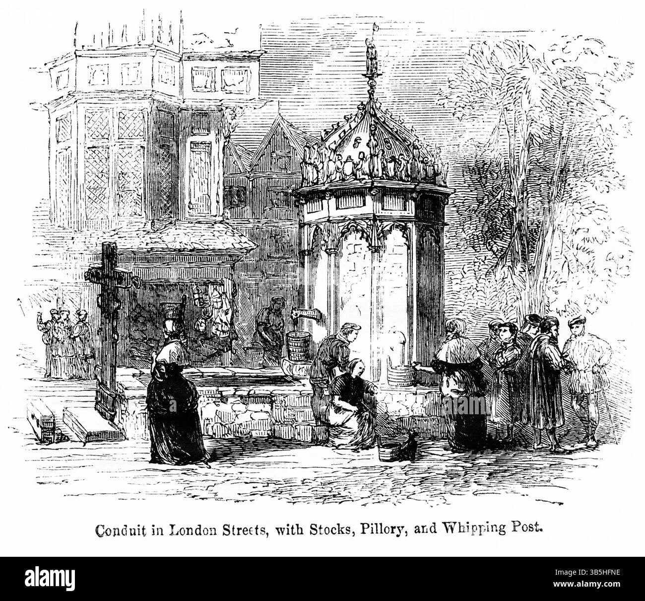 May 2, 2022, London, England, UK: Conduit in London Streets, with Stocks, Pillory, and Whipping Post, Illustration from the Book, ''John Casselâ€™s Illustrated History of England, Volume II'', text by William Howitt, Cassell, Petter, and Galpin, London, 1858 (Credit Image: © JT Vintage/Glasshouse via ZUMA Press Wire) Stock Photo