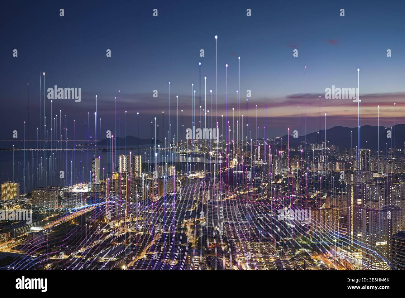 Smart city and abstract dot point connect with gradient line, big data connection technology concept Stock Photo