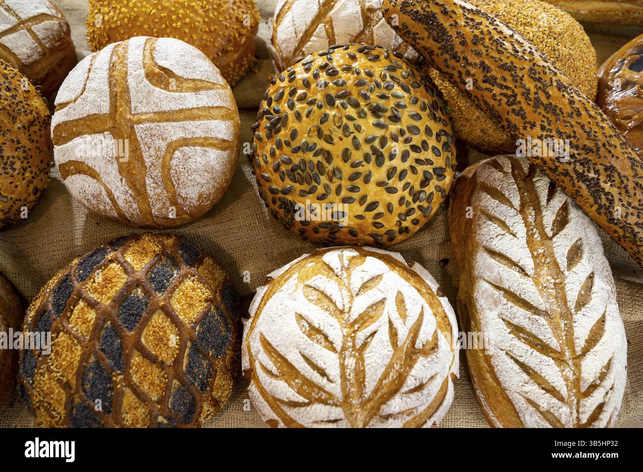 Different kinds of breads seen from above Stock Photo