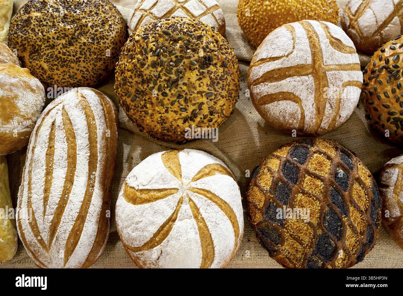 Different kinds of breads seen from above Stock Photo