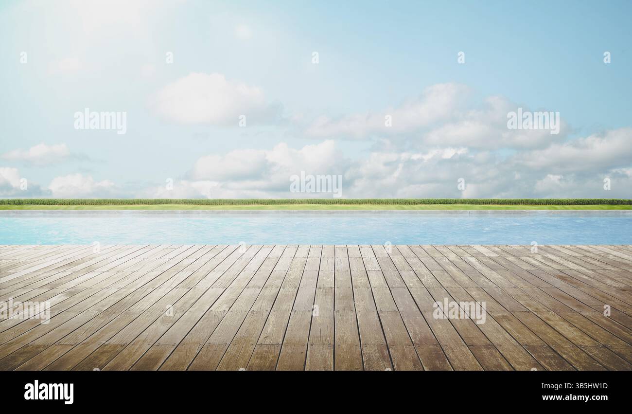 Pool Side Viewing Empty wooden deck with swimming pool, Beautiful minimalist pool side ...
