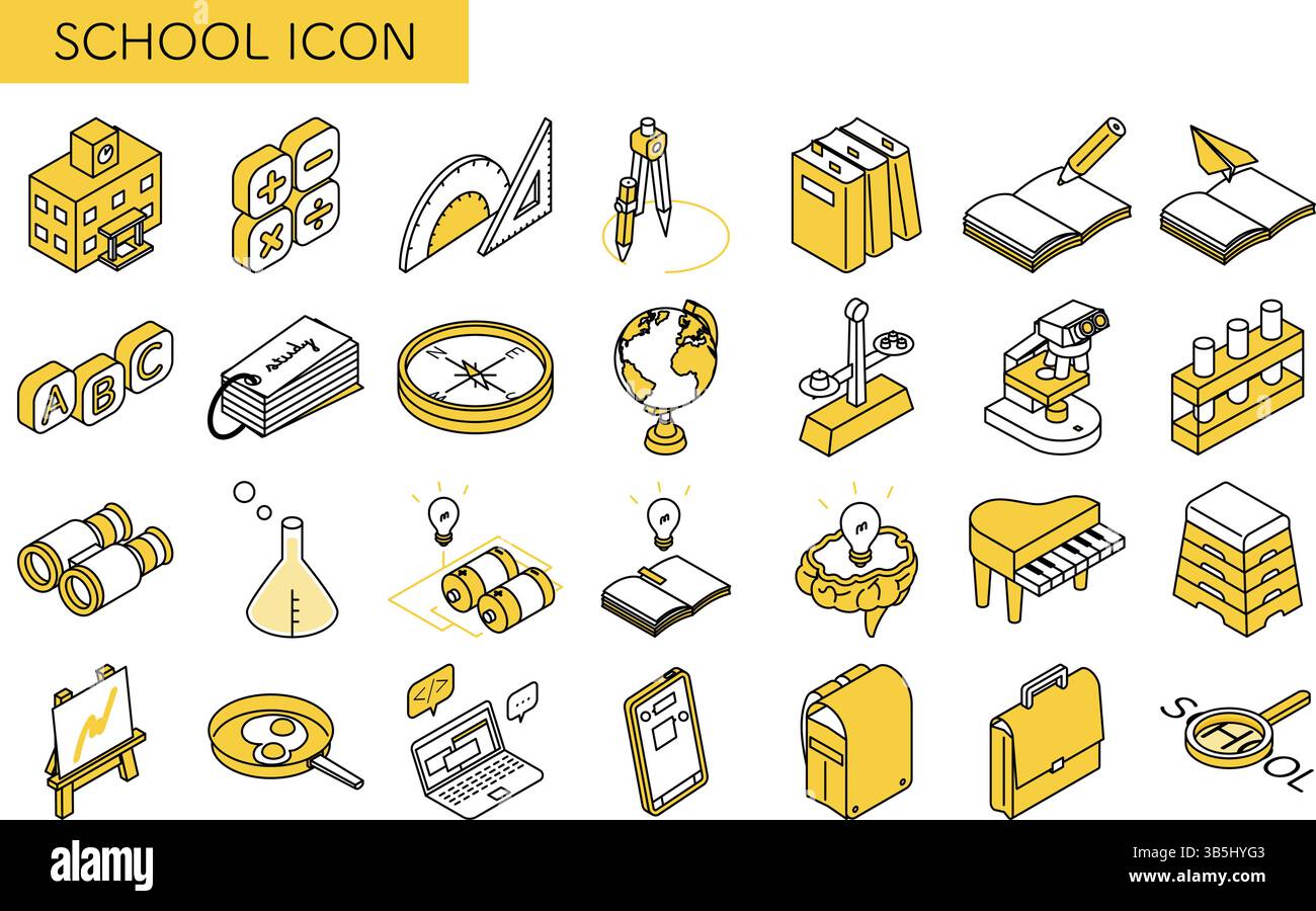 Simple line drawing icon set of school and study, isometric ...