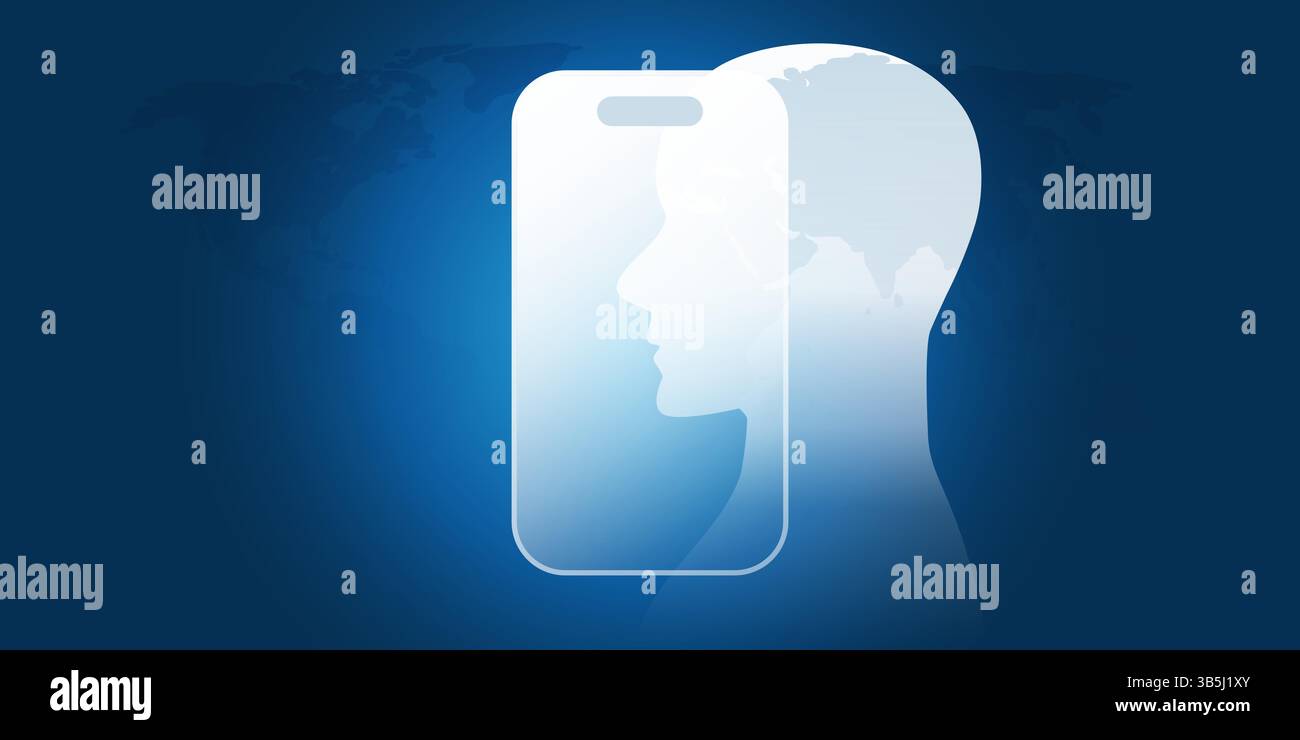 Blue and white futuristic concept of use AI on mobile devices. A human face silhouette emerges from a smartphone, symbolizing facial recognition techn Stock Vector
