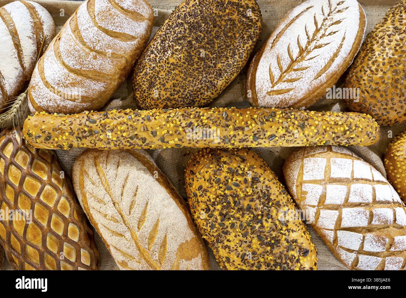 Different kinds of breads seen from above Stock Photo