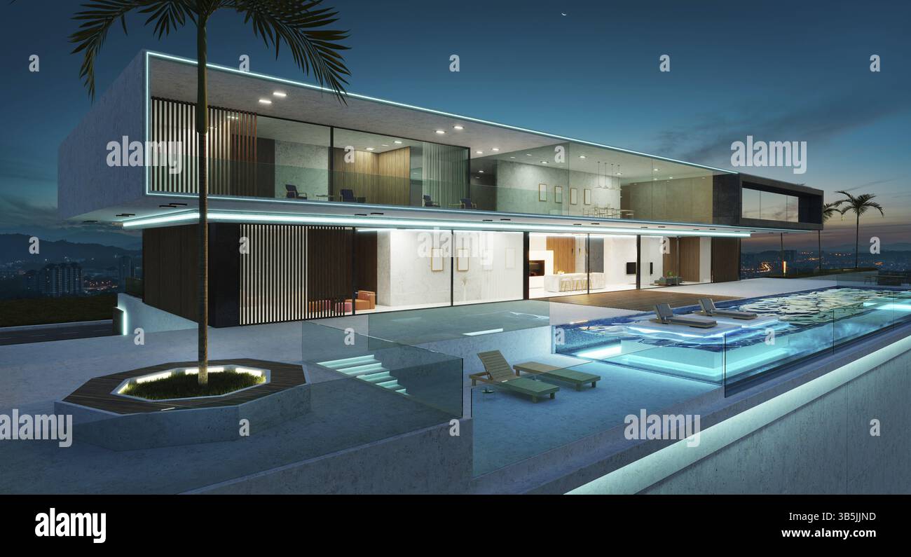 Luxury villa exterior design with beautiful infinity pool. NIght scene ...