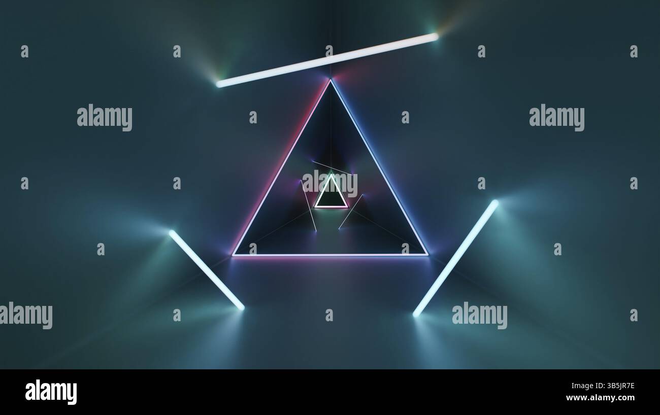 Abstract triangular shape background with glowing colorful triangular laser rays neon. 3d rendering Stock Photo