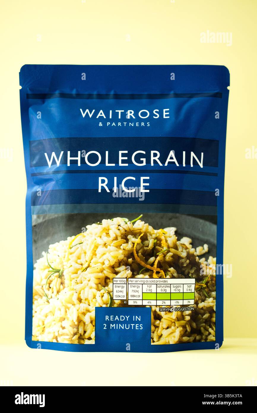 London UK, May 02 2025, Packet of Waitrose Microwave Wholegrain Rice ...