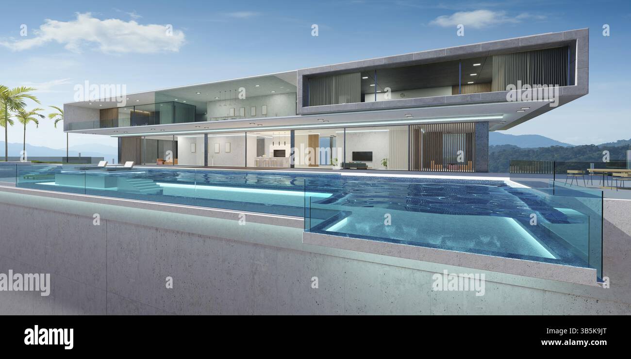 Luxury villa exterior design with beautiful infinity pool.3d rendering Stock Photo