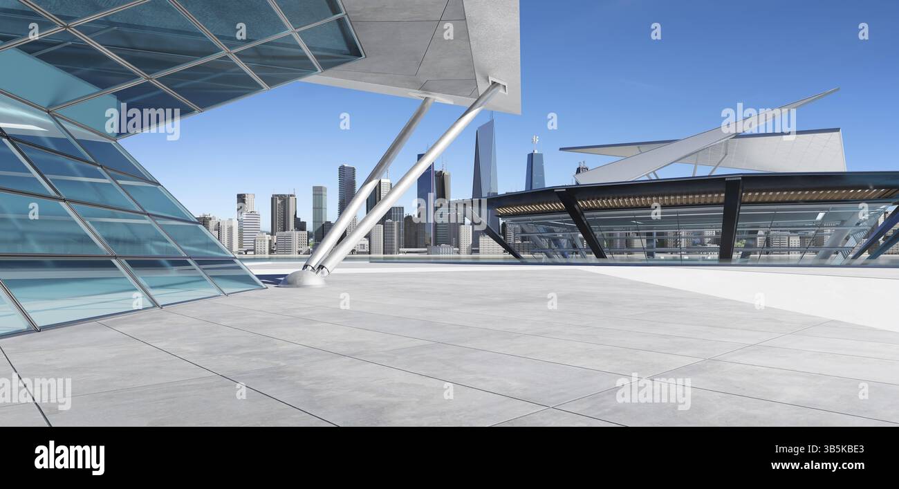 Empty concrete floor with polygon shape design modern building exterior ...