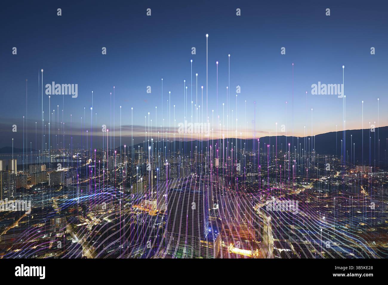 Smart city and abstract dot point connect with gradient line, big data connection technology concept Stock Photo